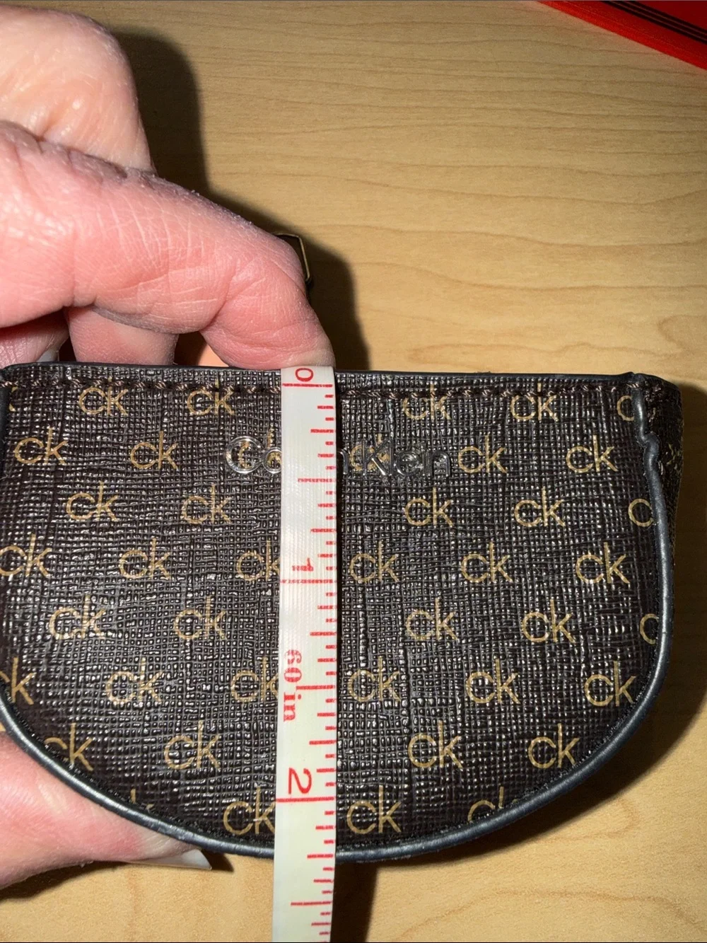 Calvin Klein Brown Logo Zip Key Pouch with Silver Hardware